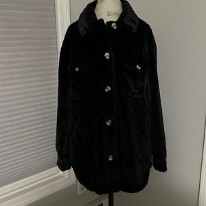 RD Style Shacket Black Faux Fur Button Down Chest Pockets & Side Pockets